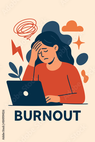 Burned out woman holding head near laptop with stress symbols