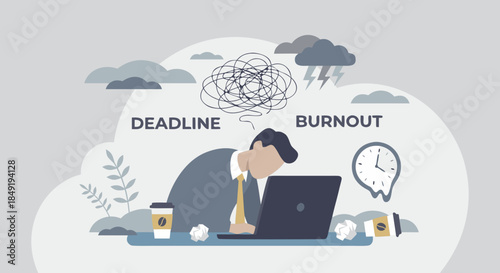 Overworked man with laptop surrounded by burnout and deadline symbols