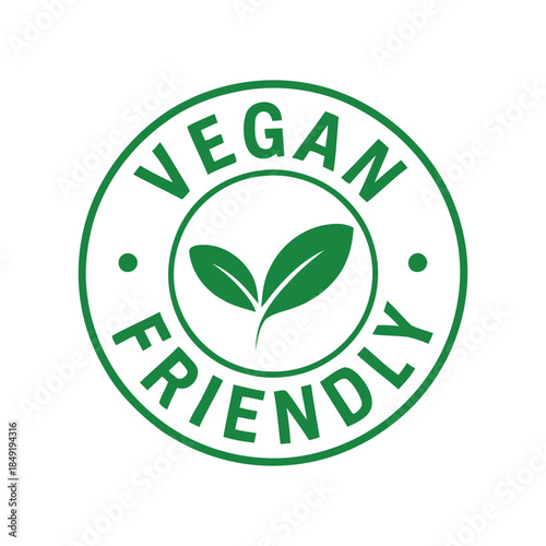 A vibrant green circular logo displays the words vegan friendly with two leaves indicating plant based and ethical product certification