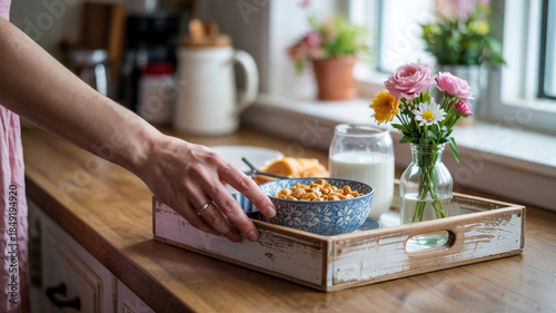The tray clatters softly as it’s set down with cerea and milk
