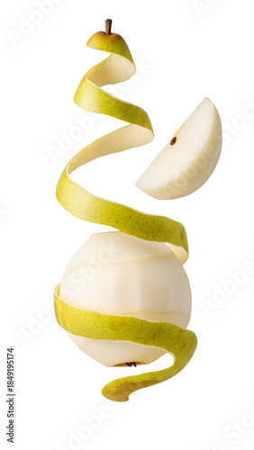 Fresh peeled pear with spiral peel and a pear slice isolated on white background, healthy fruit concept