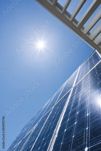 Solar energy concept with shining sun and modern solar panels against clear blue sky,Energy Saving Week