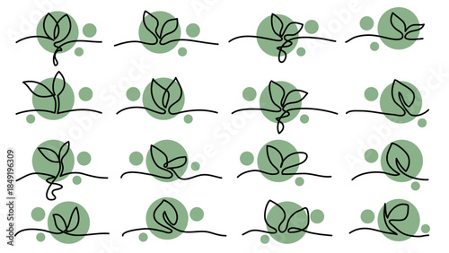 One Continuous Line Art Leaves Green Circles Bundle Bohemian.Vector Illustration