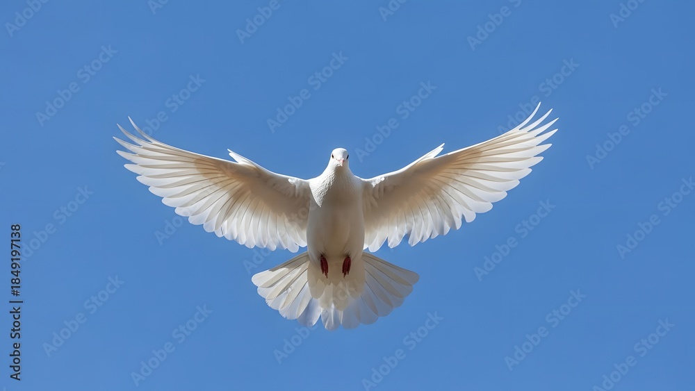 Obraz premium Soaring Serenity: A pristine white dove gracefully glides through the clear blue sky, its wings outstretched in a symbol of peace and freedom.