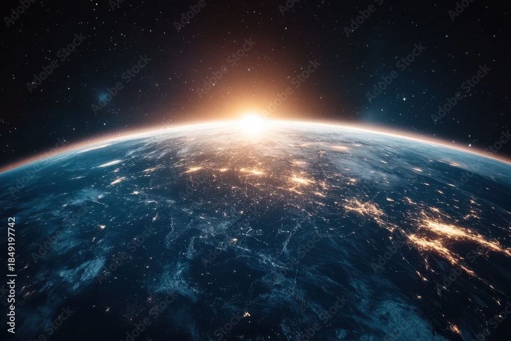 Obraz premium A distant sun rises over the glowing planet Earth from the vastness of space.