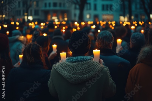 A crowd of people holding lit candles in the dark during an evening gathering.