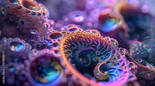 Fototapeta Naklejka Na Ścianę i Meble -  Abstract fractal spiral background with organic textures. 3D render of colorful microscopic coral structure in neon purple and blue. Surreal biological pattern wallpaper