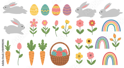 A large and adorable collection of Easter and spring clip art, featuring bunnies, decorated eggs, carrots, flowers and rainbows.