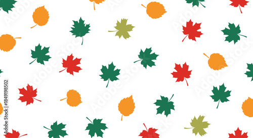 A simple and clean seamless pattern of colorful autumn leaf silhouettes in shades of red, green, and orange on white.