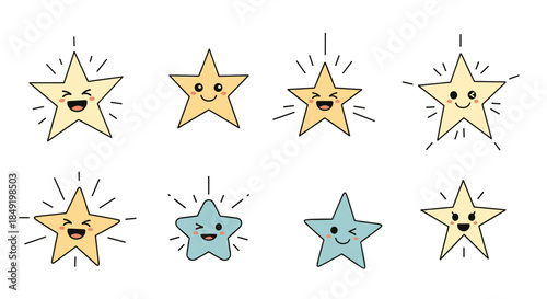 An adorable collection of eight cute and shiny cartoon star characters with various happy and winking facial expressions.