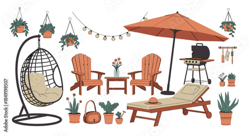 A stylish collection of cozy backyard patio and garden furniture, including chairs, a grill, an umbrella, and potted plants.