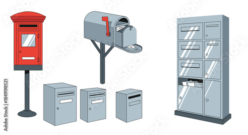 A diverse collection of various mailboxes and postboxes, including classic American, British, and modern apartment styles.