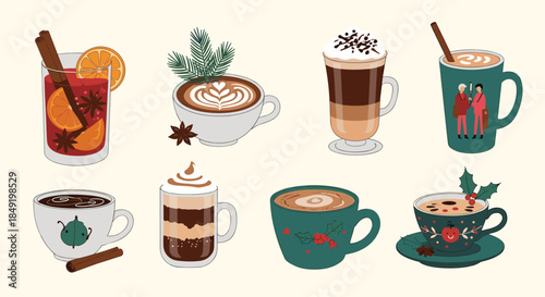 A cozy collection of various hot winter drinks like coffee, hot chocolate, and mulled wine for the Christmas season.