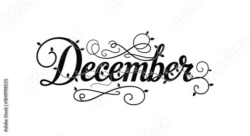 Elegant december calligraphy with ornate swirls and flourishes presented as a striking silhouette