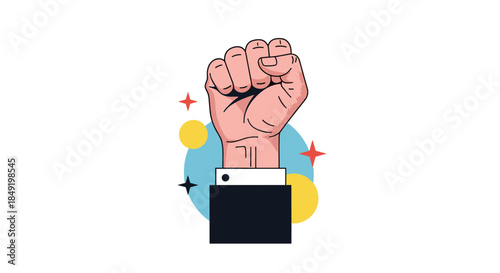 A powerful raised fist symbol of protest and revolution in a bold, graphic illustration style on a white background.