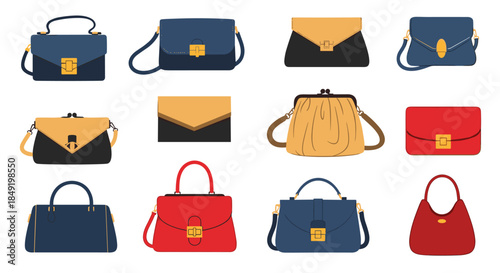 A stylish collection of various modern women's handbags, purses, and clutches in different shapes and colors for fashion.