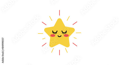 A cute and shiny cartoon star with a happy, sleepy face and rosy cheeks, sparkling on a white background.