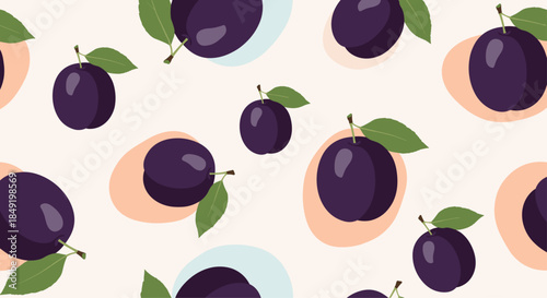 A modern and fresh seamless pattern featuring ripe purple plums with green leaves on a light, abstract background.
