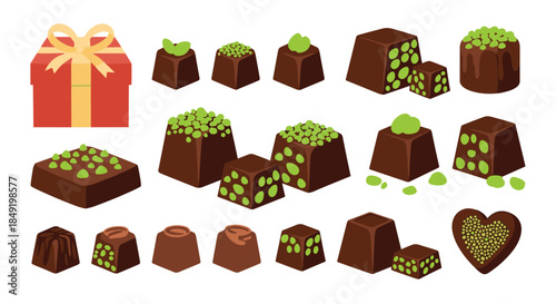 A delicious assortment of various chocolate candies, pralines, and truffles with pistachio, plus a festive gift box.