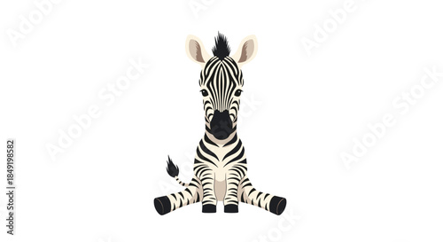 An adorable baby zebra cartoon character sitting on the floor and looking forward, isolated on a white background.