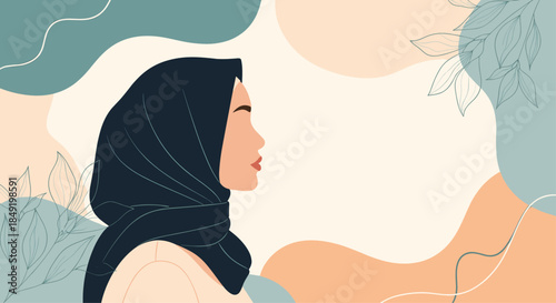 An elegant portrait of a beautiful woman in a black hijab against a modern, abstract background with botanical elements.