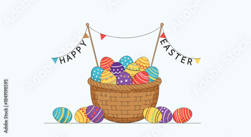 A festive wicker basket filled with colorful decorated eggs under a Happy Easter banner for the spring holiday celebration.