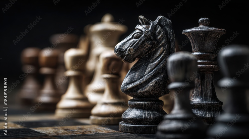 Fototapeta premium Close up of chess pieces on dark board