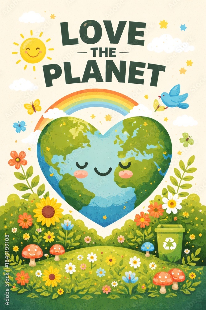 Fototapeta premium Cute cartoon heart-shaped Earth with a smiling face surrounded by nature and a rainbow