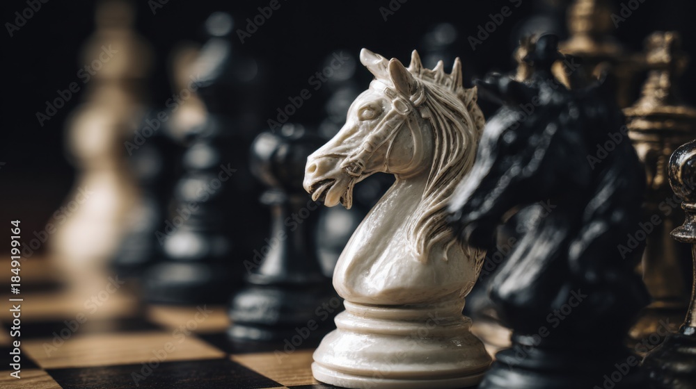 Fototapeta premium Close up of white knight chess piece on board