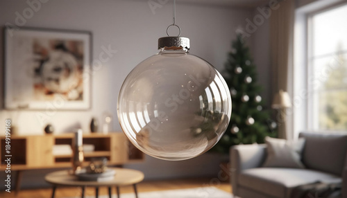Decorated Christmas bauble hanging in living room, 3D rendering
