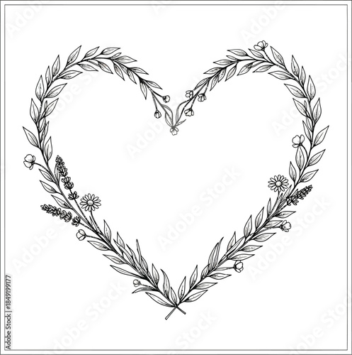 Hand-Drawn Floral Heart Wreath Illustration: Botanical Line Art with Wildflowers and Leaves