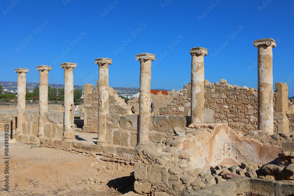 Fototapeta premium Antique roman columns. Paphos Archaeological Park or Kato Pafos Archaeological Park contains the major part of the important ancient Greek and Roman city and is located in Paphos, southwest Cyprus.