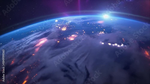Cinematic Orbital View of Planet Earth at Night with Glowing City Lights and a Vibrant Purple Atmospheric Haze.