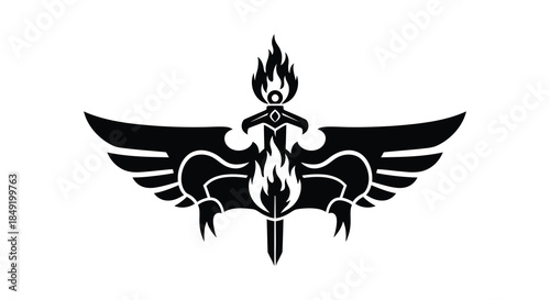 A striking black winged design featuring a sword engulfed in flames a powerful silhouette