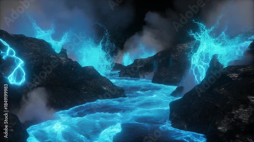 Bioluminescent River Flowing Through Dark Rocky Landscape - Mystical Night Scene.