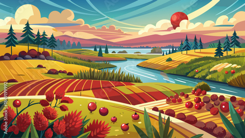 Very beautiful view of a Wisconsin cranberry marsh during fall harvest, featuring flooded fields, red berries, agricultural patterns, and a unique seasonal farming landscape under open skies.