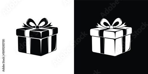 Gift Box Icons Set, Black and White Present Silhouettes with Ribbons for Holidays and Celebrations