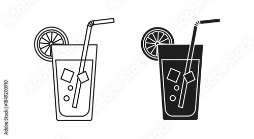 Two refreshing drinks with lemon slices and ice depicted in contrasting line art silhouette