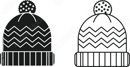 Cartoon winter beanie hat set with zigzag pattern, pom-pom top, solid and outline styles, flat vector illustration