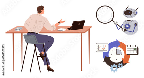 Man at desk using AI, automation process, and analytics tools. Ideal for technology, AI, workplace productivity, business strategy, digital transformation, data insights and innovation themes
