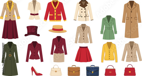 Cartoon women’s fashion set with coats, skirts, blazers, handbags, hats, high heels, stylish wardrobe, flat vector illustration