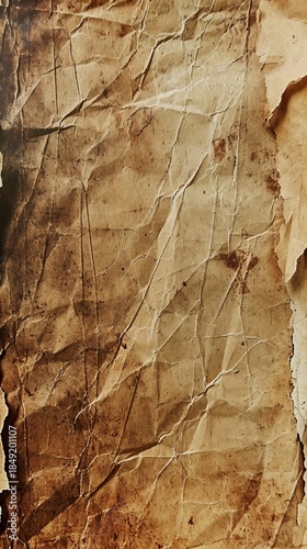 Old crumpled paper texture. Vertical photo of a vintage aged grunge background with stains and torn edges