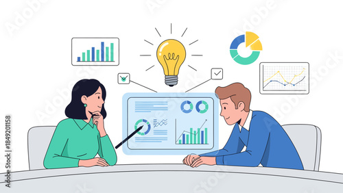 Man and Woman Analyzing Business Data Charts.