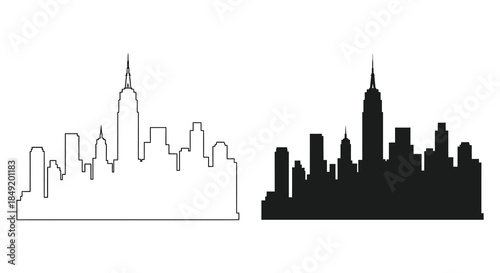A striking comparison of a city skyline in both outline and solid black silhouette
