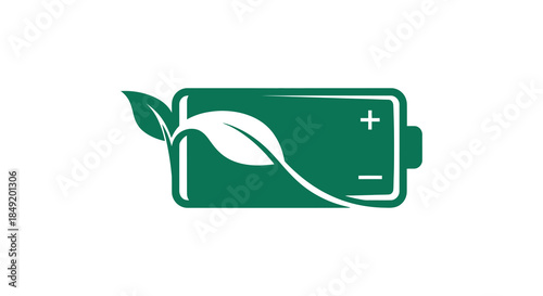 Green battery icon with leaf accents representing eco friendly energy and sustainable power silhouette