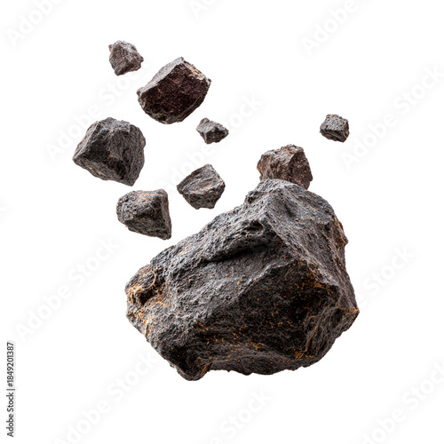 Multiple dark, rocky meteorites falling against a white background