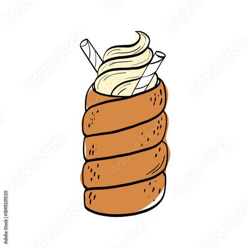 Chimney cake dessert with creamy ice cream in clean line art. Hungarian, Budapest, Czech sweet food for bakery branding, menus, packaging and summer food court