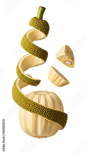 Creative sliced jackfruit with spiral peel and floating fruit segments on white background, fresh tropical fruit concept