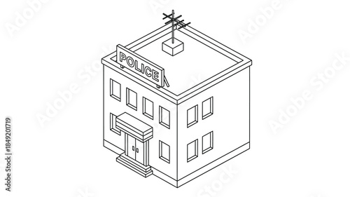 Isometric illustration of a simple building with a flat roof and antenna showcasing architectural detail