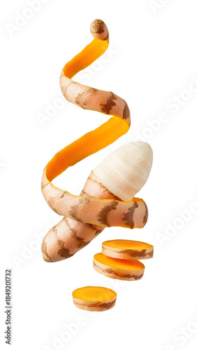 Fresh carrot peel spiraling with carrot slices and carrot end isolated on white background, healthy vegetable food concept